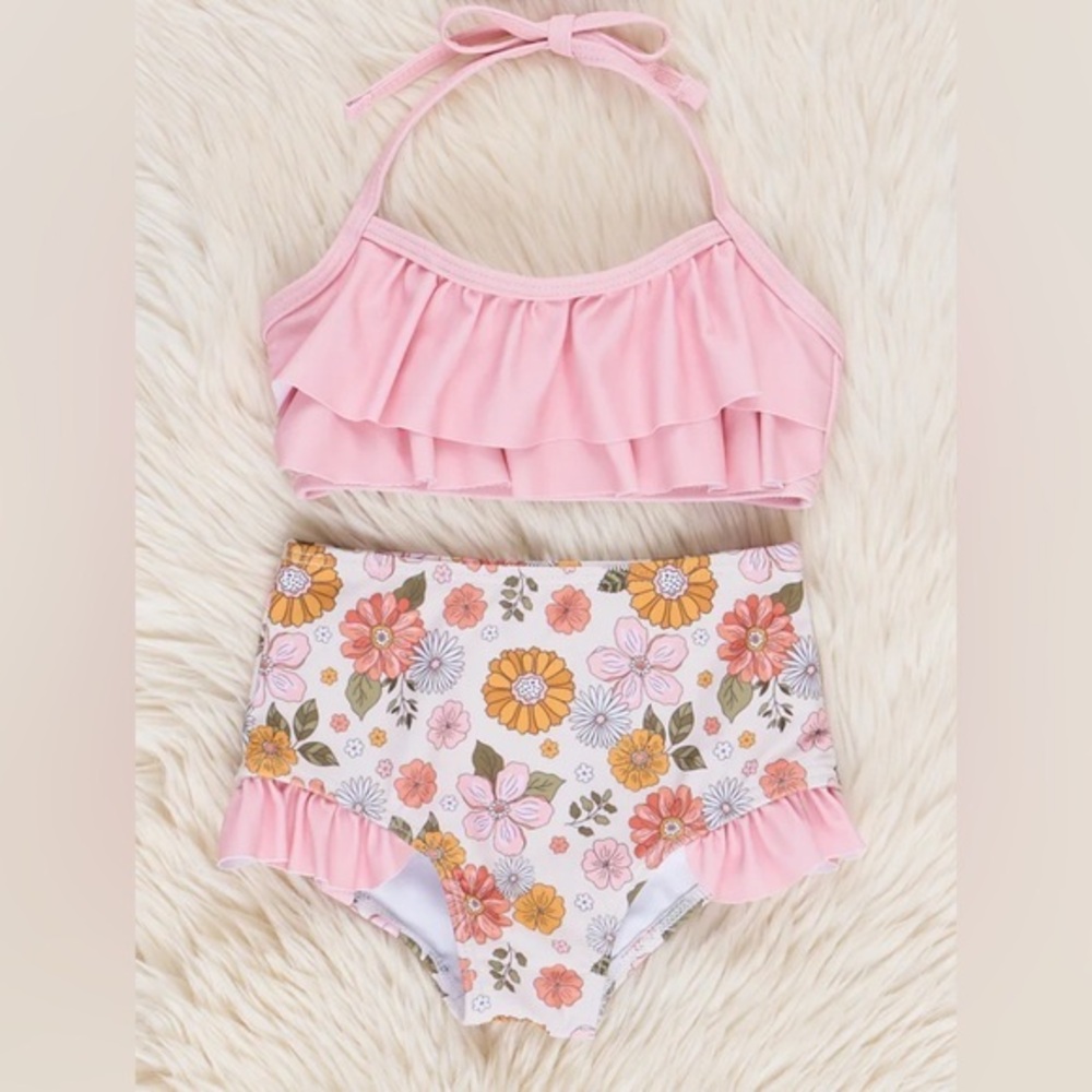 NEW! Pink Ruffle Two-Piece Floral Girls Swimsuit